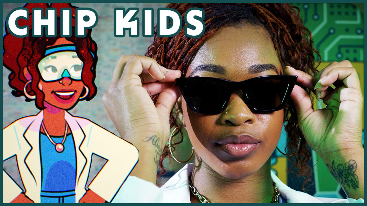 A promotional graphic for CHIP KIDS features large white text across the top. On the left is an illustrated scientist with medium-brown skin, curly reddish-brown hair, a white lab coat, and a blue shirt. On the right, a woman with medium-brown skin and curly auburn hair adjusts a pair of black sunglasses while facing the camera. She wears a white coat, gold hoop earrings, layered gold chains, and has visible tattoos on both forearms. A colorful background with circuit board graphics reinforces the technology theme.